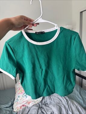 Zara Teal Green Ringer Crop Tee with White Trim